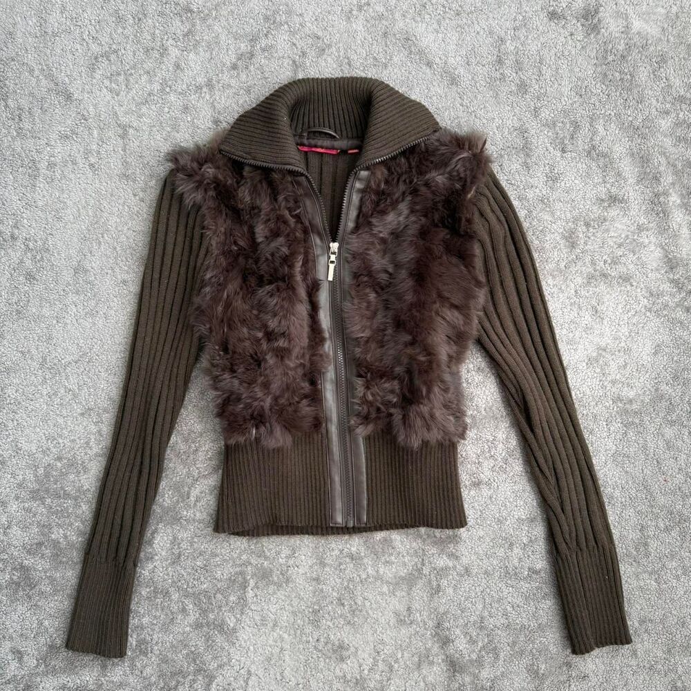 Jennifer J Brown fur trim zip up sweater jacket